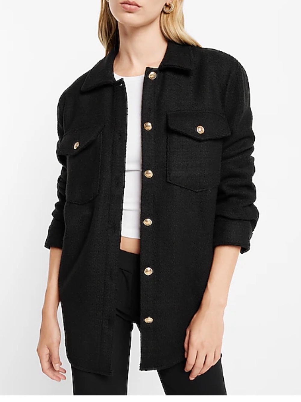 NWT Express Black Button-Front Utility Shacket with Gold Buttons